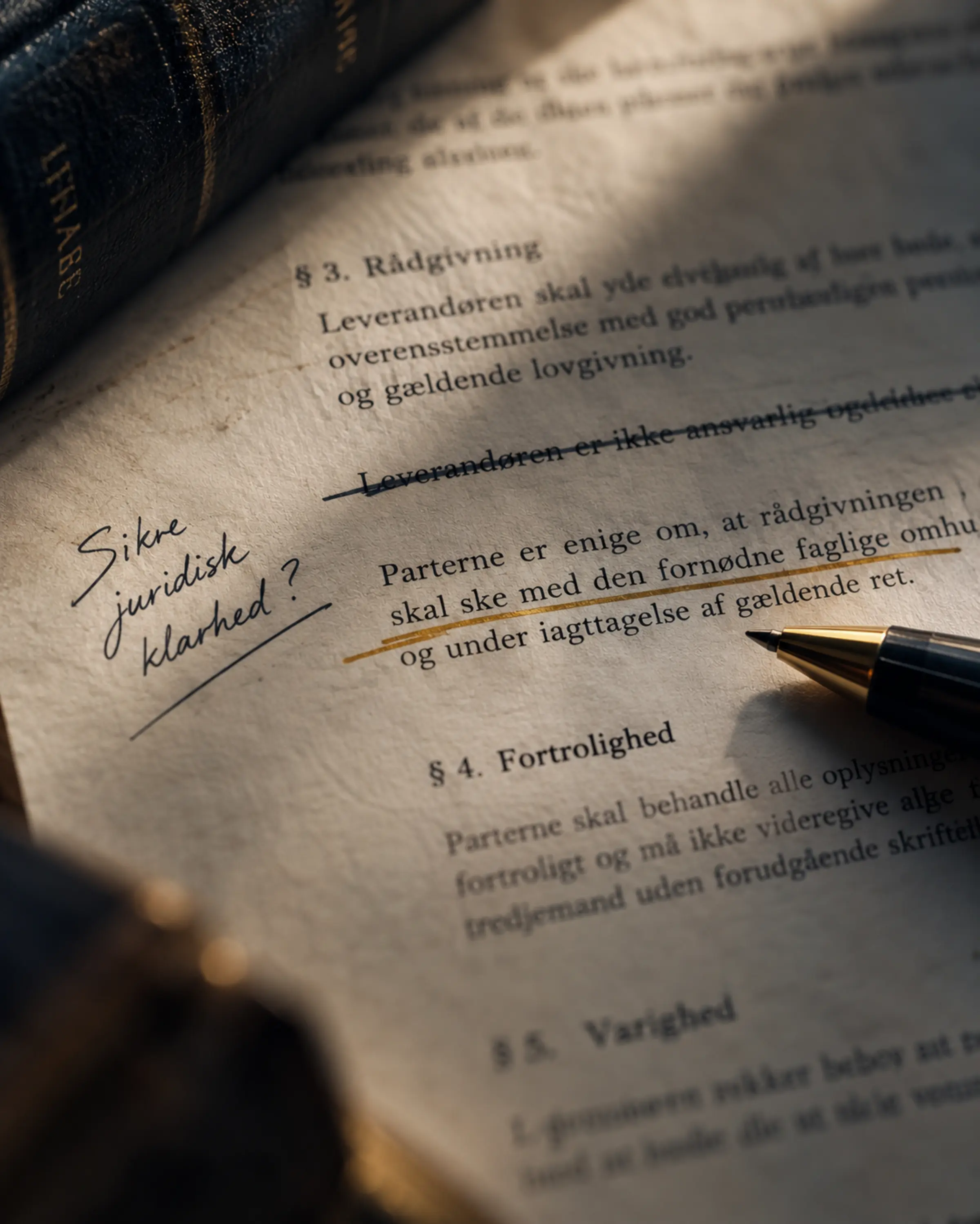 Juridisk dokument med overstregning og understreget klausul